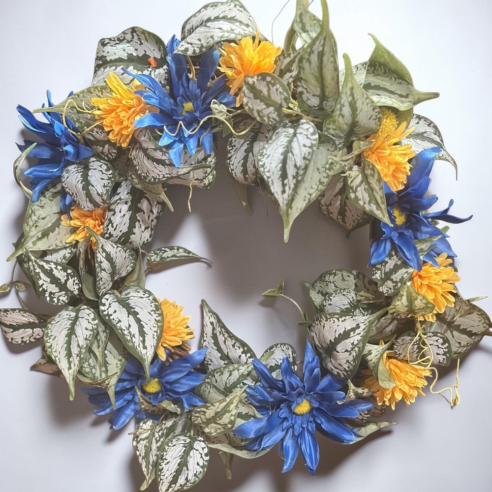 Colorful Spring Wreath; Faux Floral Door Accent; Blue and Yellow Wreath